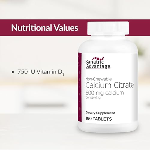 Miniatura 5 de Bariatric Advantage Citrato de calcio no masticable 600 mg de calcio - para pacientes de cirugía bariátrica - Vitamina D3 - Suplementos minerales -