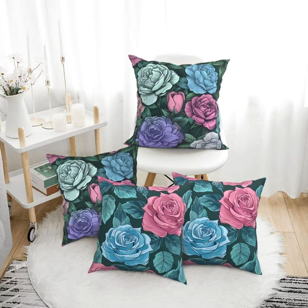 Kissenbezug 50x50 4er Set Leinen Kissenbezüge Rose Dekorative Sofakissen Zierkissen Rosa Blau Couchkissen Outdoor Kissen Zierkissenbezüge Deko Kissen für Sofa Schlafzimmer Wohnzimmer Balkon -LI606