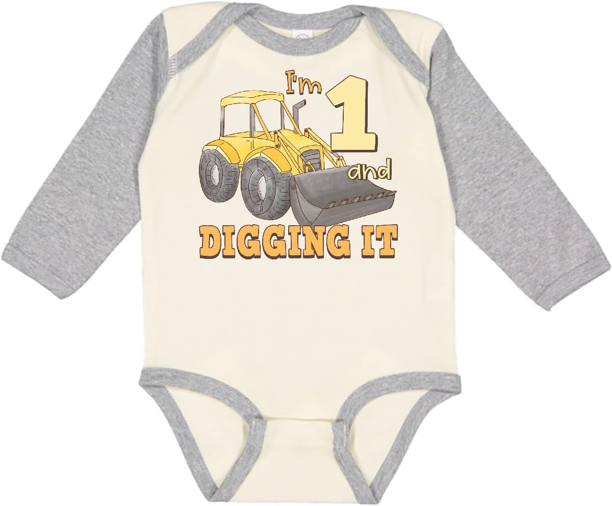 inktastic I'm 1 and Digging It Bulldozer Long Sleeve Creeper