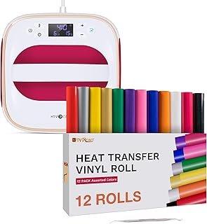 HTVRONT Heat Press Machine for T Shirts, 10"X10" Portable T Shirt Press Machine(Raspberry), HTVRONT HTV Heat Transfer Vinyl Bundle (12 Pack) - 12 Inch by 5 Feet HTV Vinyl Rolls, Easy to Cut & Weed