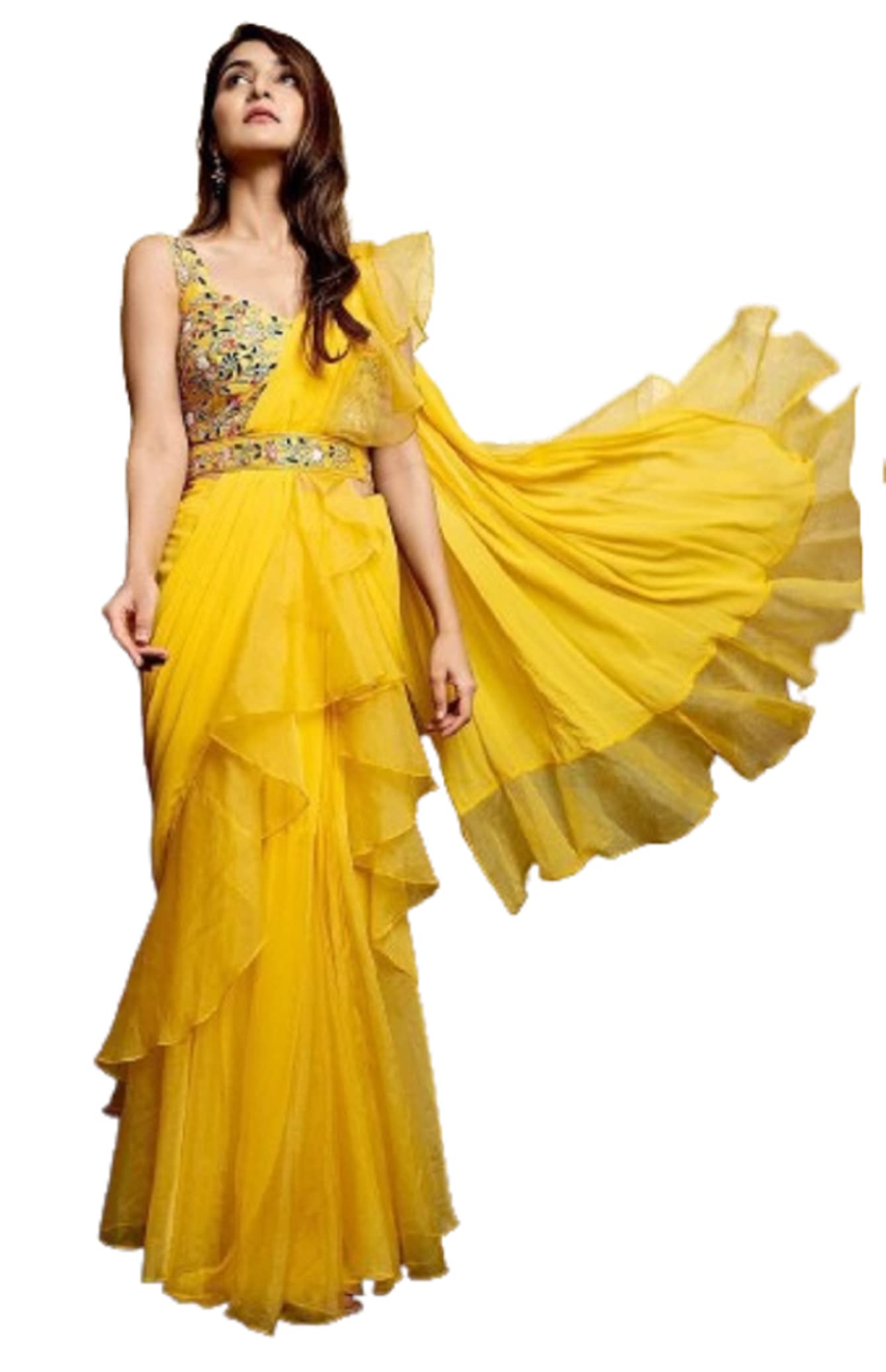 RoyalstyleWomen's Heavy Apple Organza Silk Fabric 3 Layer Ruffle Work Lehenga And Fully Embroidery Work Stiched Blouse Ready To Wear