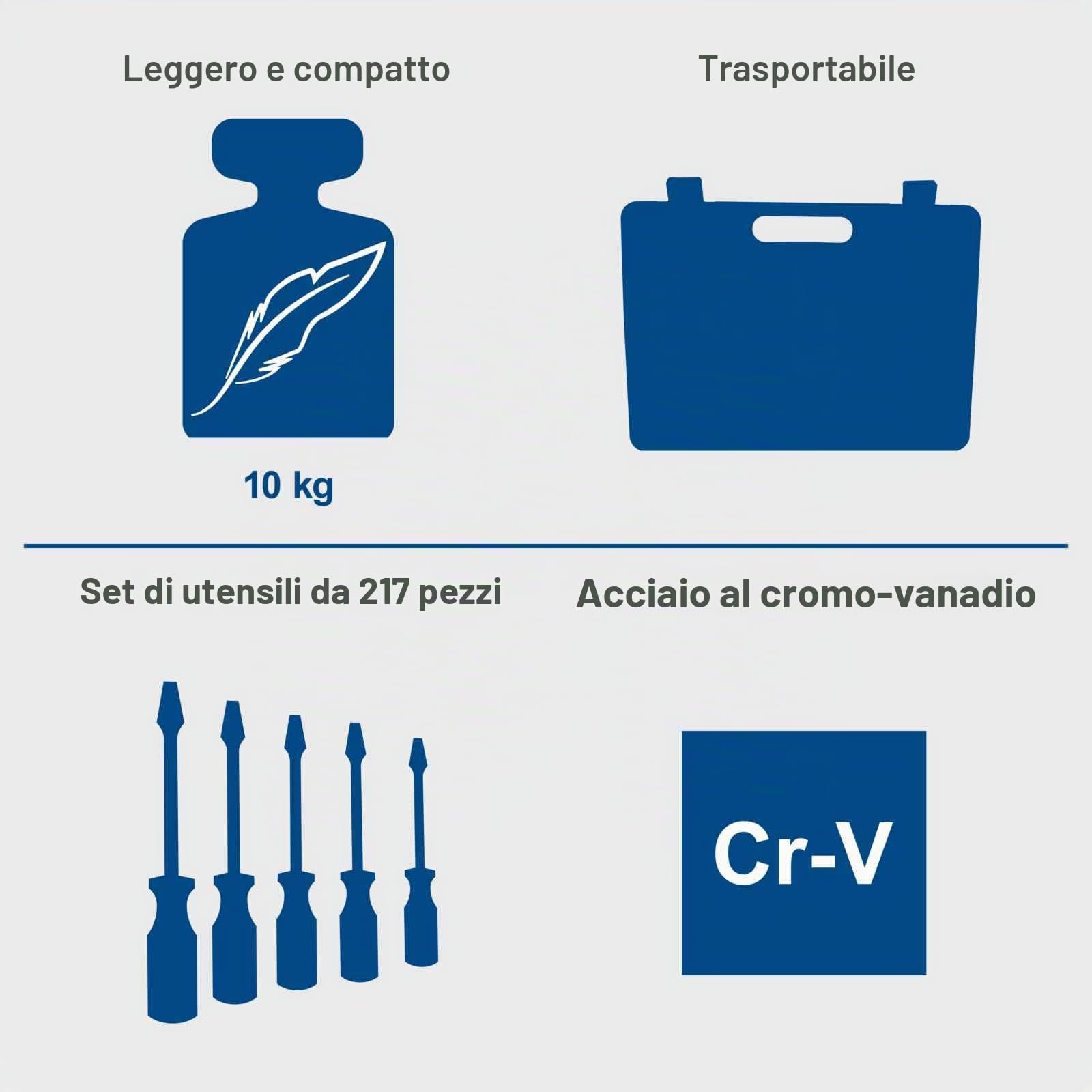 Scheppach TB217 Cassetta degli attrezzi riempita | Set di attrezzi da 217 pezzi | Cassetta degli attrezzi con chiave a bussola, punte, cricchetti, chiavi a forchetta e marce, set di chiavi a bussola