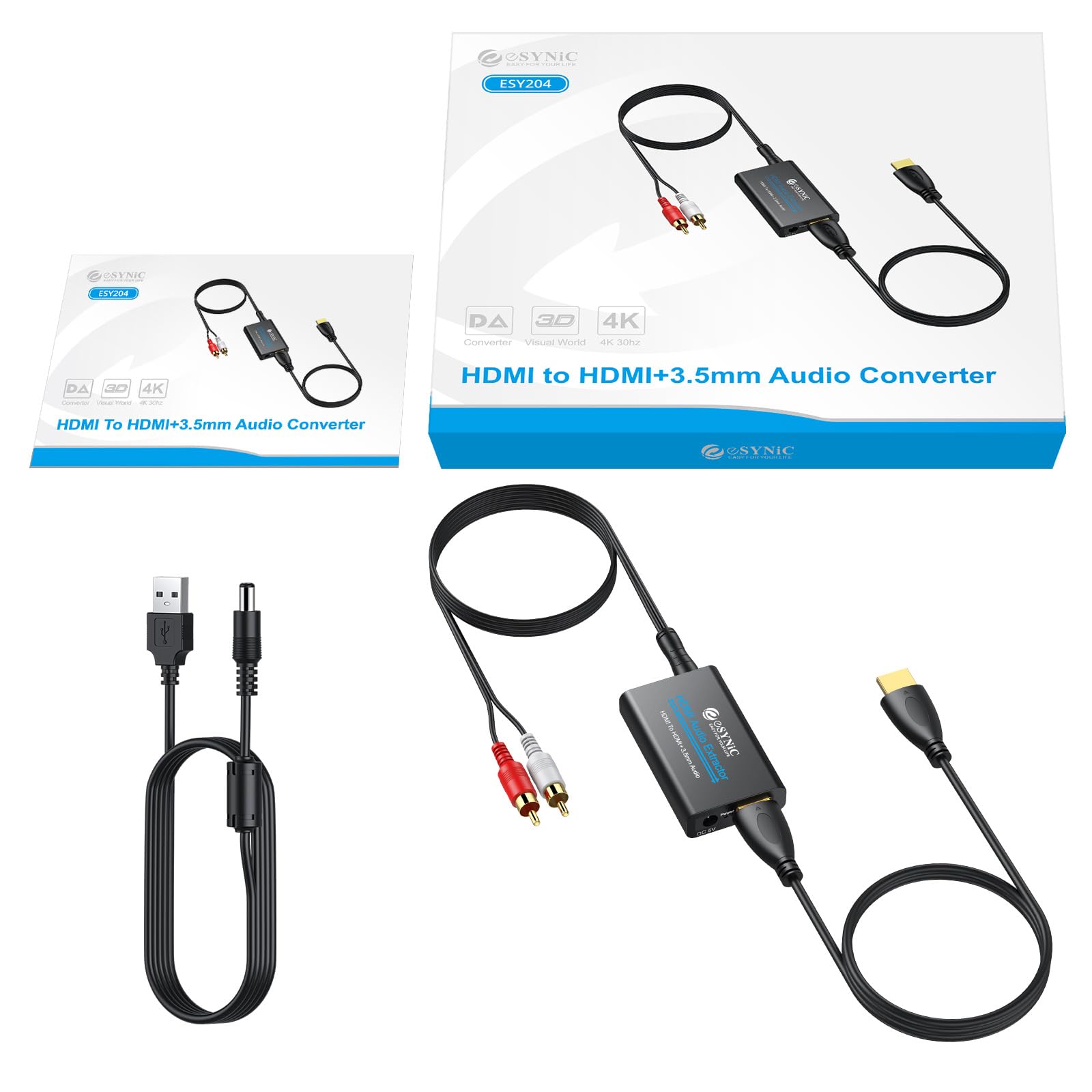 eSynic Estrattore Audio HDMI a 3,5 mm Portatile Convertitore HDMI a RCA Supporto 4K@30Hz/1080p