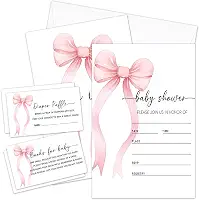 Kit de convites para chá de bebê Pink Bow com envelopes, 25 conjuntos de convites para chá de bebê e 25 bilhetes de sorteio de fraldas e 25 cartões de solicitação de livro de chá de bebê,