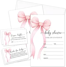 Kit de convites para chá de bebê Pink Bow com envelopes, 25 conjuntos de convites para chá de bebê e 25 bilhetes de sorteio de fraldas e 25 cartões de solicitação de livro de chá de bebê,