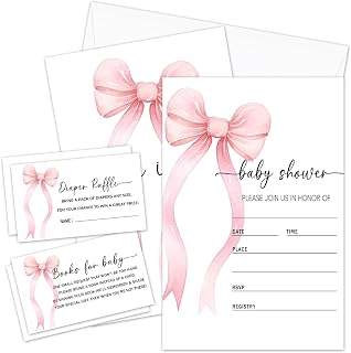 Pink Bow Baby Shower Invitations Kit with Envelopes, 25 Set Baby Shower Invites & 25 Diaper Raffle Tickets & 25 Baby Shower Book Request Cards, Baby Shower Celebration Supplies & Favors -01