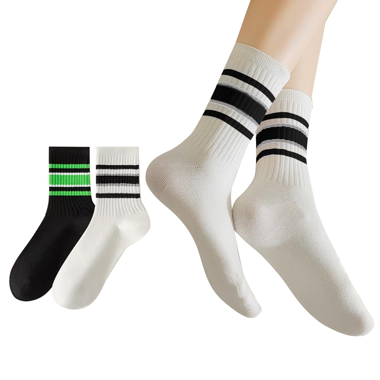 mickee Womens Sports Socks,Stripe Breathable Cotton Women Crew Ankle Sock, Mid-Calf Athletic Socks for Women Girls