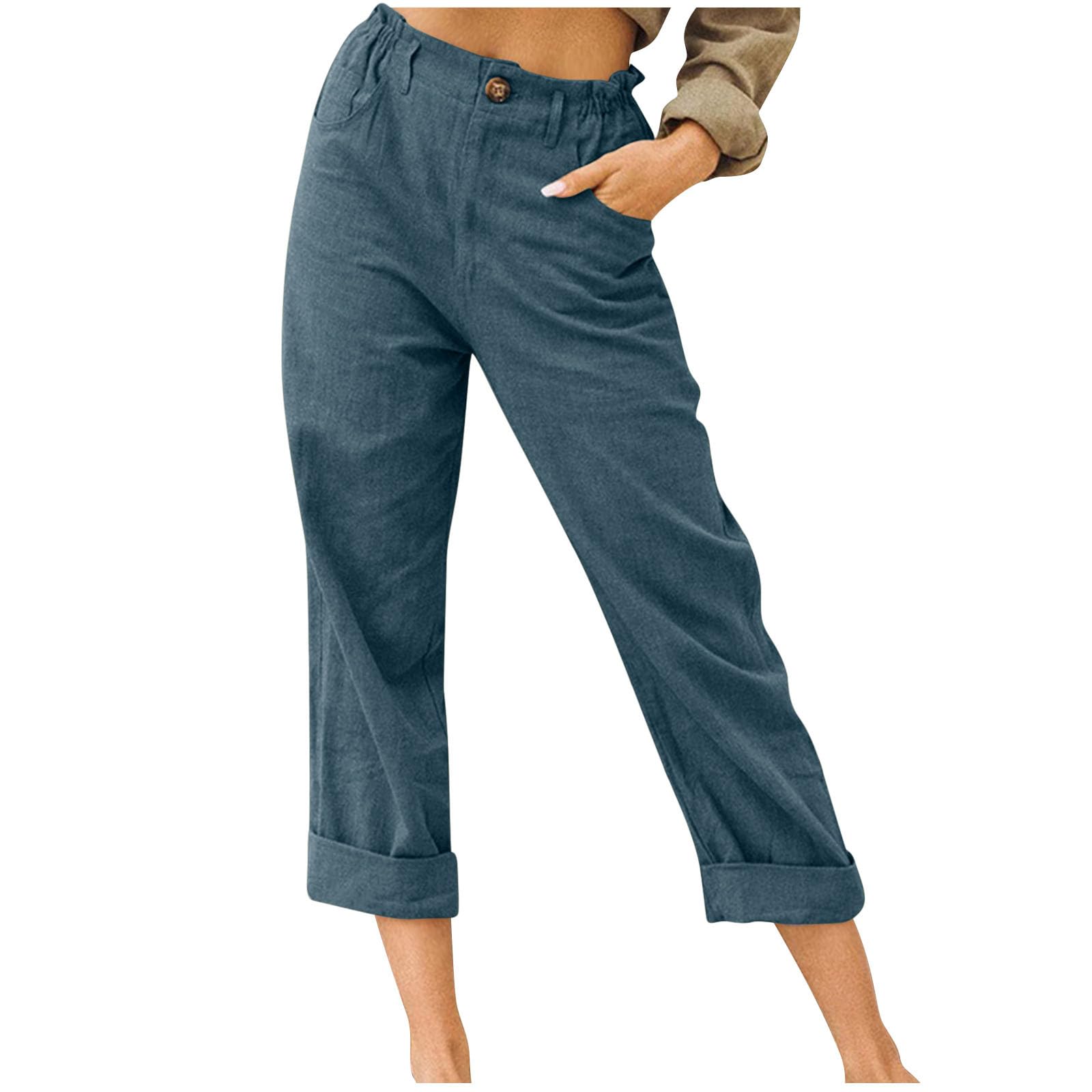 LRMQS Women Capri Pants 2026 Summer Trendy Linen Cropped Trouser with Pockets Beach Casual Cruise Fashion Capris Clothes