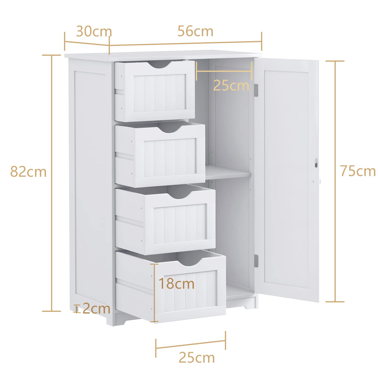 RELAX4LIFE Badezimmerschrank, Beistellschrank, Kommode mit 4 Schubladen, Lagerschrank Holz, Sideboard mit verstellbare Ablagen, Mehrzweckschrank für Bad & Zimmer & Flur, weiß