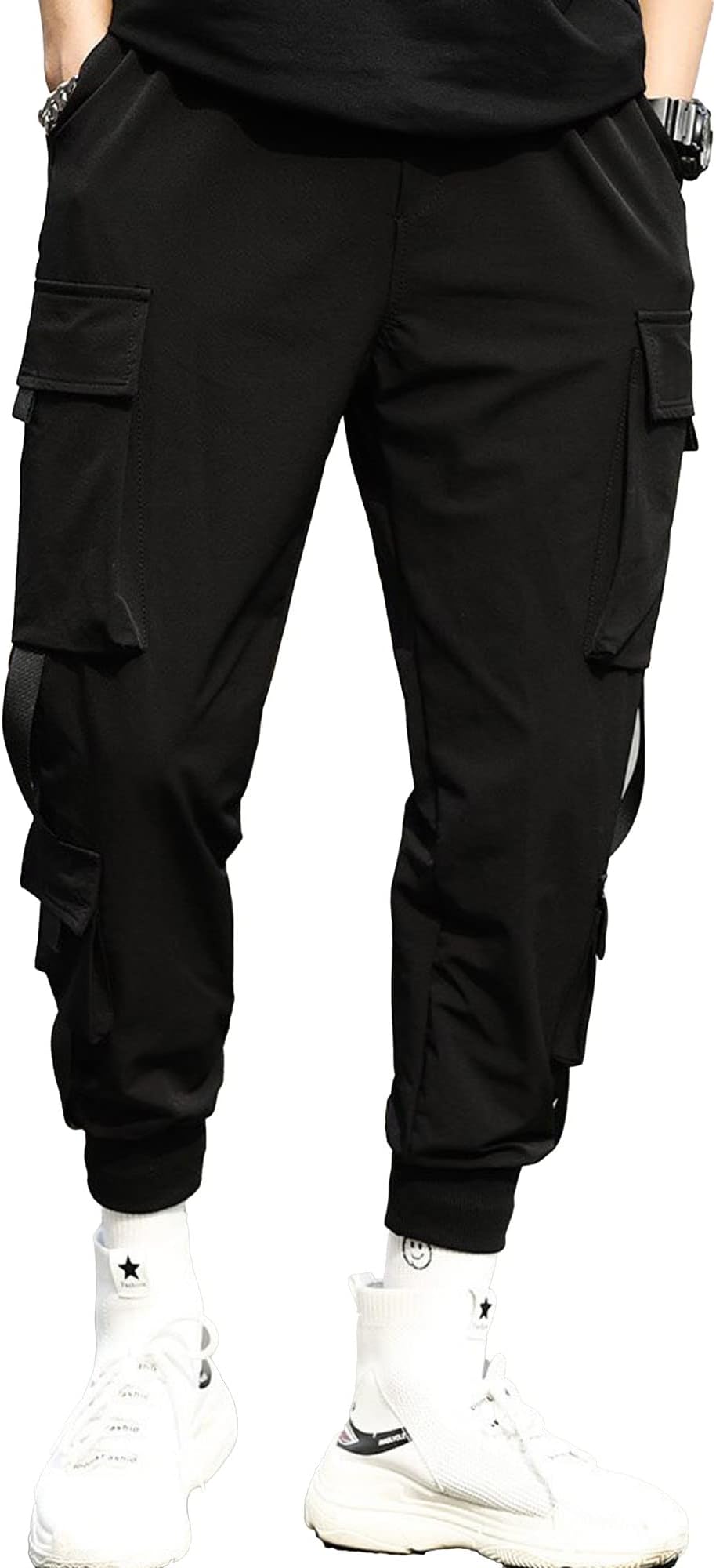 Maniac Mens Solid Black Loose Fit Polyester Cargo Trackpant
