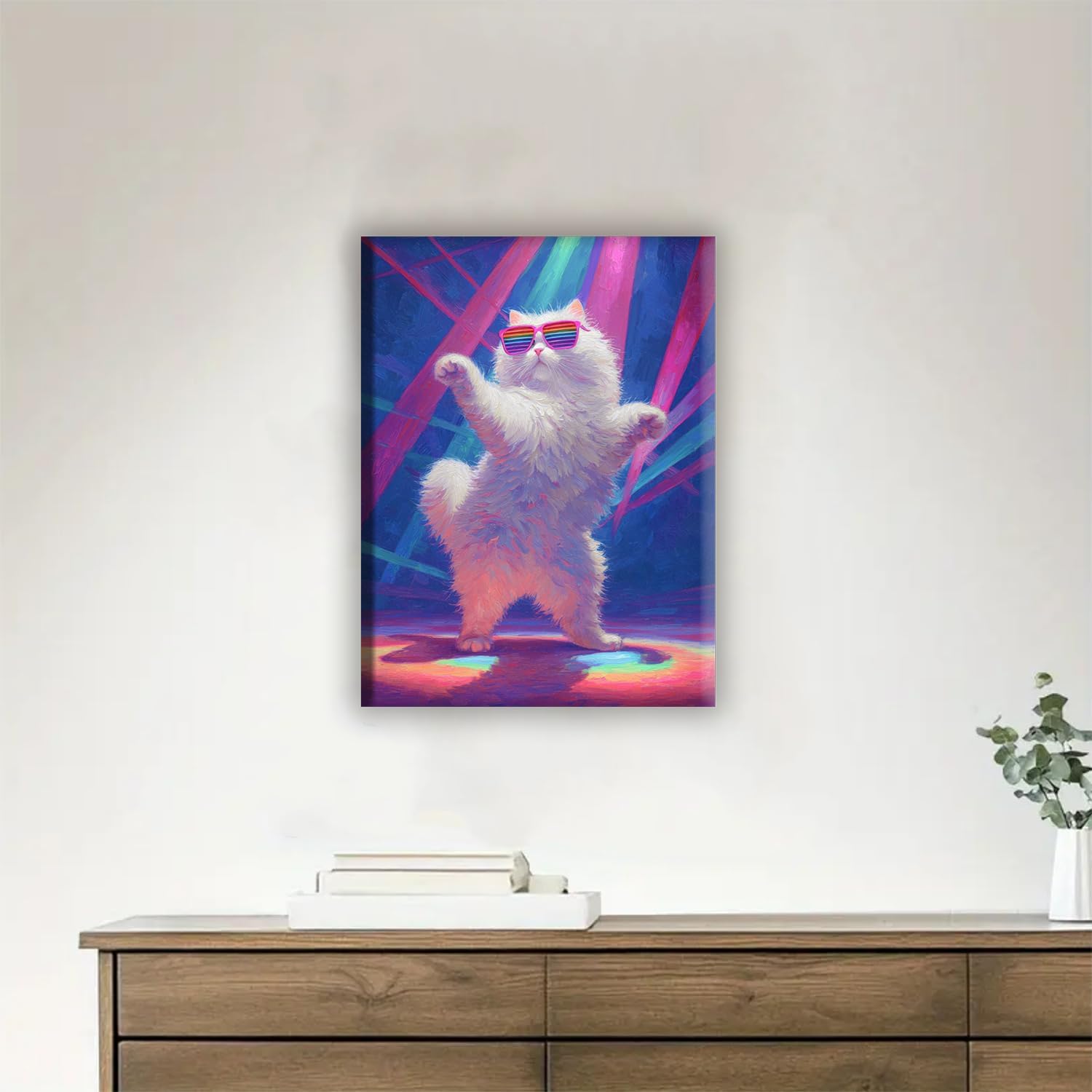 Aeontinity Cyberpunk Style Disco CAT Fantasy Framed Canvas DIY Paint by Numbers Kit Bar Cafe Cave Home Room Wall Bathroom Porch Patio Decor Gift, 16 x 12 Inch