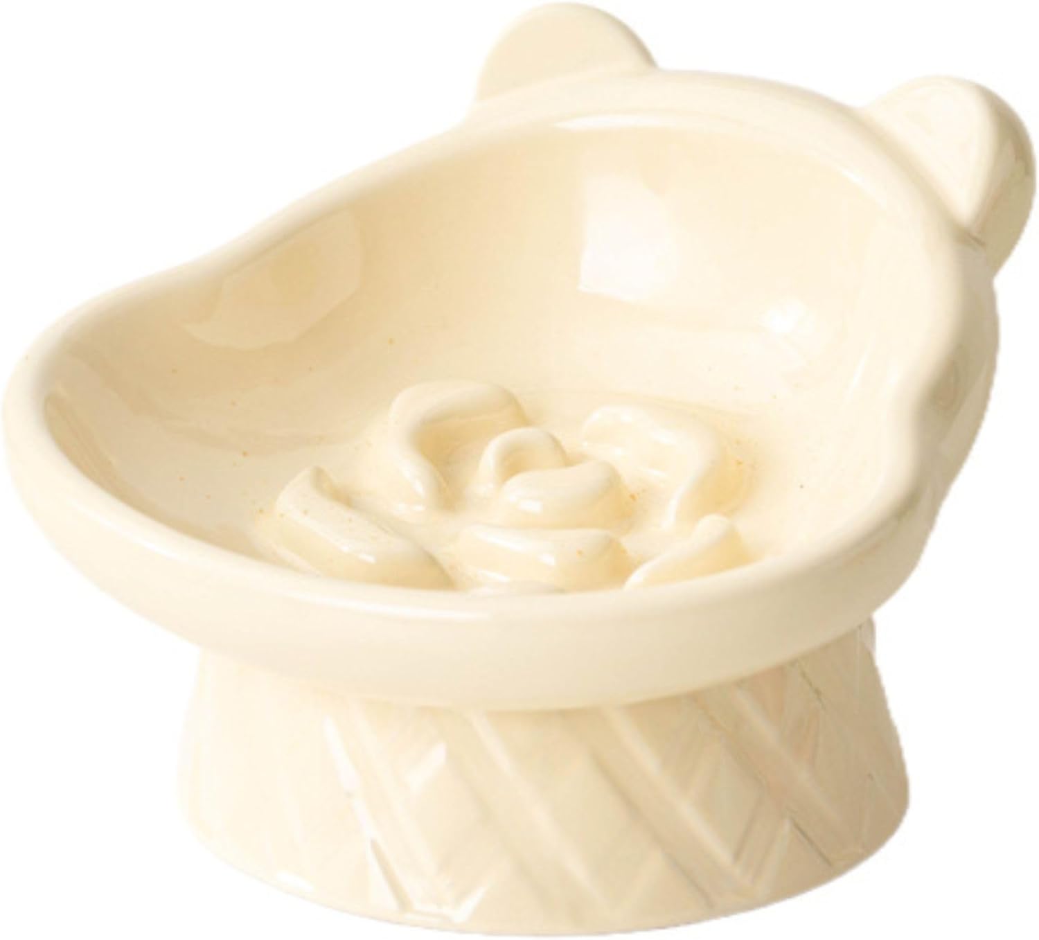Winnie The Pooh Series Ceramic Slow Feeder Cat Bowl, Raised Anti-Gulping Design with Bear Ears, Pastel Colors, Quilted Pattern Base (Creamy Yellow)