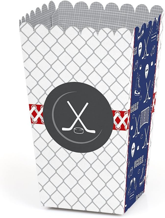Shoots and Scores - Hockey Popcorn Boxes - Birthday Treat Boxes - 12 Ct | Treat Box for Snacks, Candy, Small Party Favors, Sports Birthday or Baby Shower Supply, Heavy-duty Cardstock, USA-made