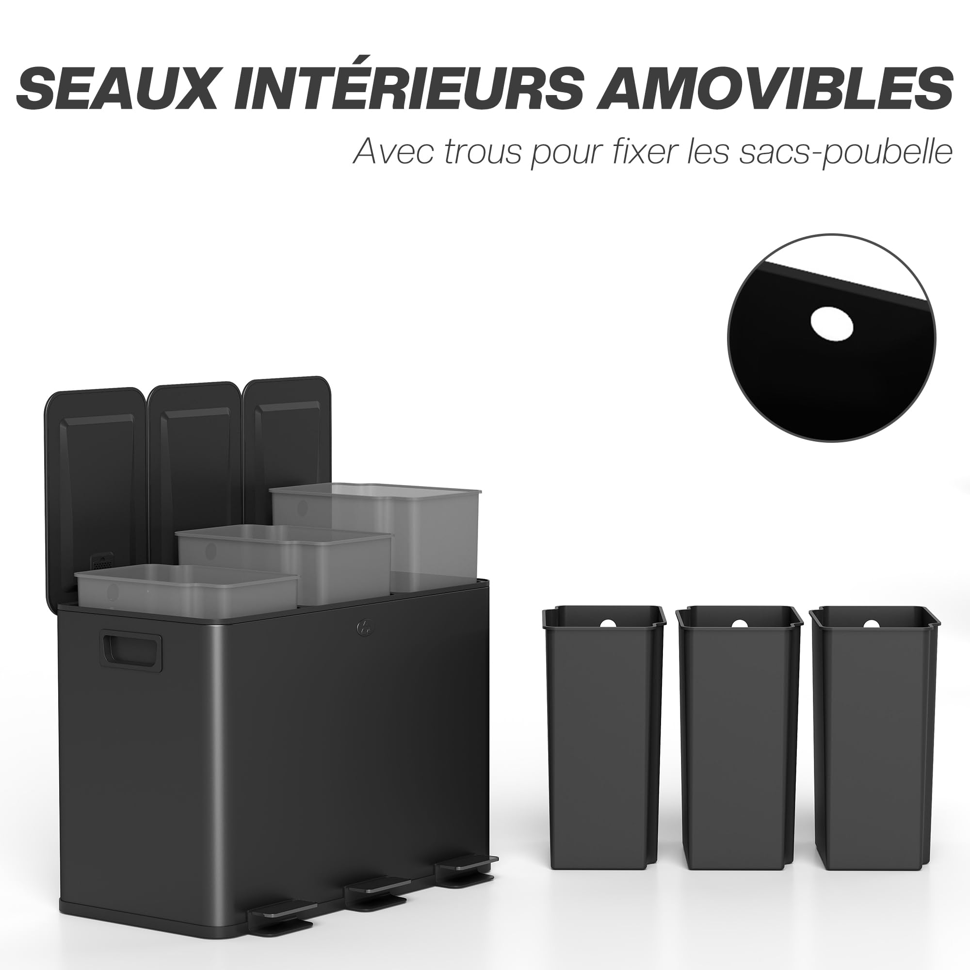 HOMCOM Poubelle cuisine 3 x 15L acier inoxydable tri sélectif 3 compartiments pédale