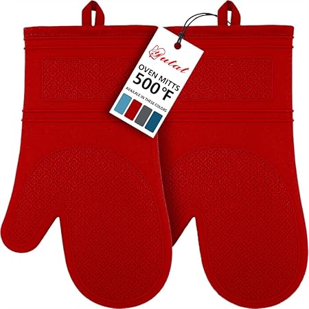 YUTAT Silicone Oven Mitts Heat Resistant Comfort Safety Kitchen Oven Gloves with Quilted Liner Professionally Protect Your Hand During Baking BBQ or Carry Hot Pot-1 Pair Red Silicone Mittens
