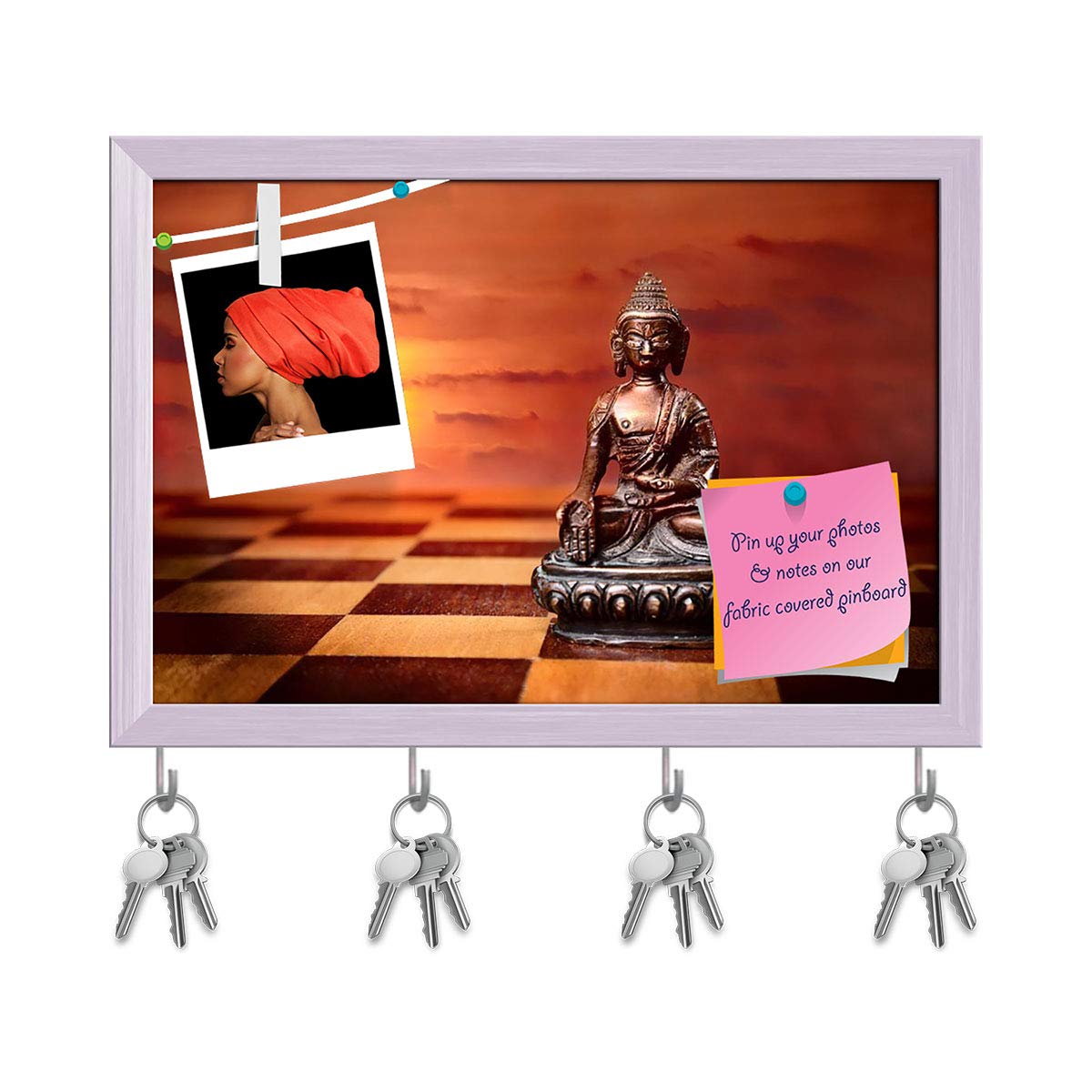 ArtzFolio Bronze Buddha Sitting in Padmasana Bulletin Notice Pin Board | Vision Soft Board | Inbuilt Key Holder Hooks | White Frame 17.5 x 12 inch (44 x 30 cms)