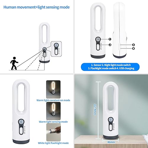 Miniatura 2 de Lámpara de noche recargable 2 en 1 con sensor de movimiento portátil y linterna de luz blanca LED, adecuada para acampar al aire libre, niños para