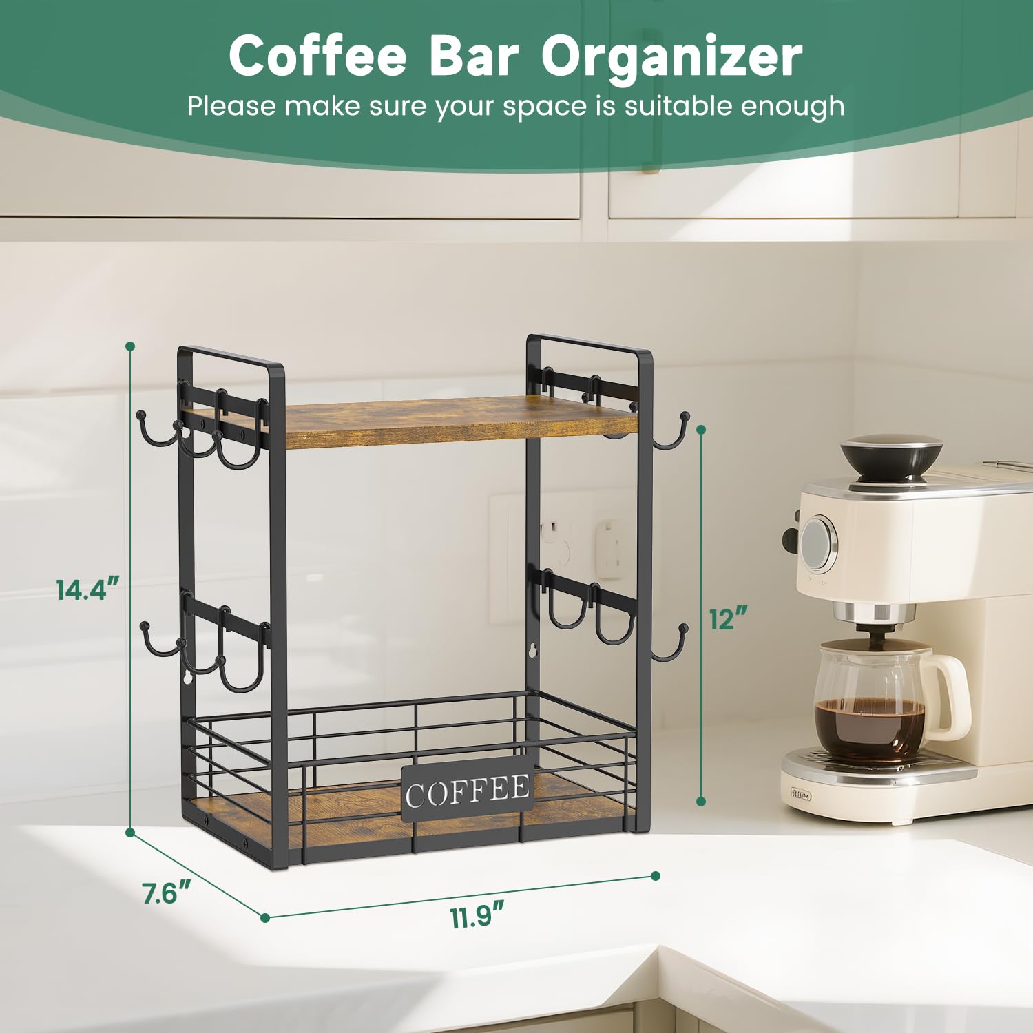 EsLuker.ly Coffee Bar Station Organizer Mug Cup Holder Stand for Countertop Multi-Functional 2 Tier Mug Tree Rack for Kitchen Storage Shelf with 12 Removable Hooks - Image 2