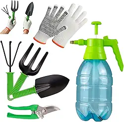 Kit para Jardinagem 6 Peças - Pá, Garfo, Ancinho + Tesoura de Poda + Luva + Pulverizador