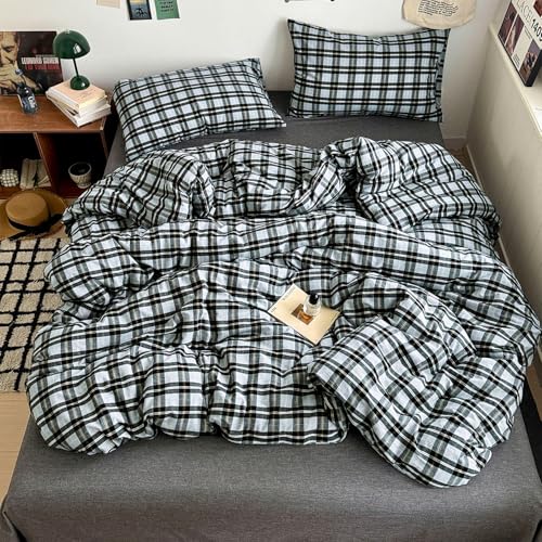 Image of mixinni Vintage Grey & Pale Blue Buffalo Plaid Duvet Cover Set Full Size - 3 Piece Washed Cotton Bedding Set with Grid Pattern, Soft & Breathable Duvet Cover with Pillowcases for Boys, Men& Women