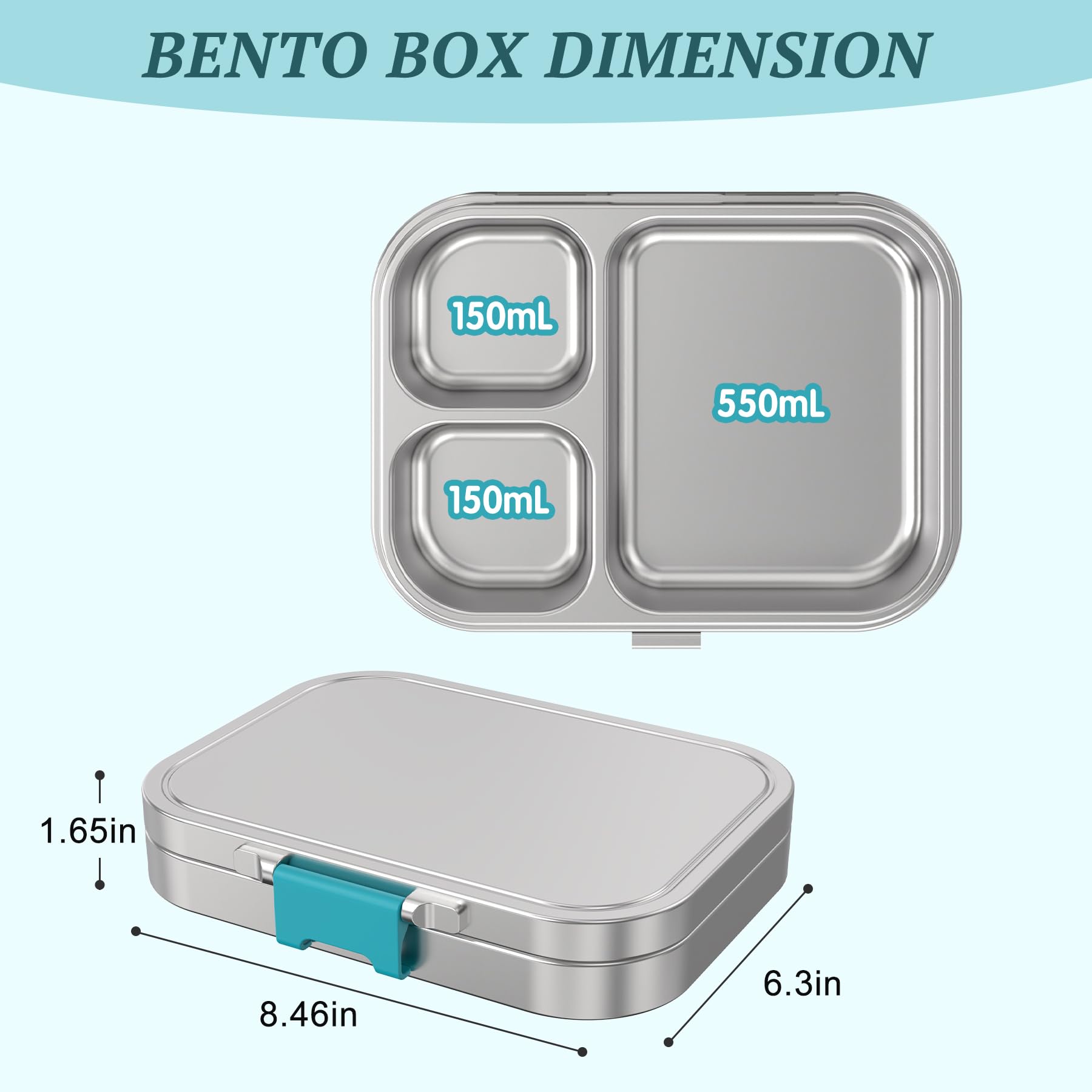 VITONIS Fiambrera de acero inoxidable para niños, fiambrera de metal Bento para niños, con 3 compartimentos y anillo de sellado, fiambrera adecuada para niños y adultos, apta para lavavajillas (azul)
