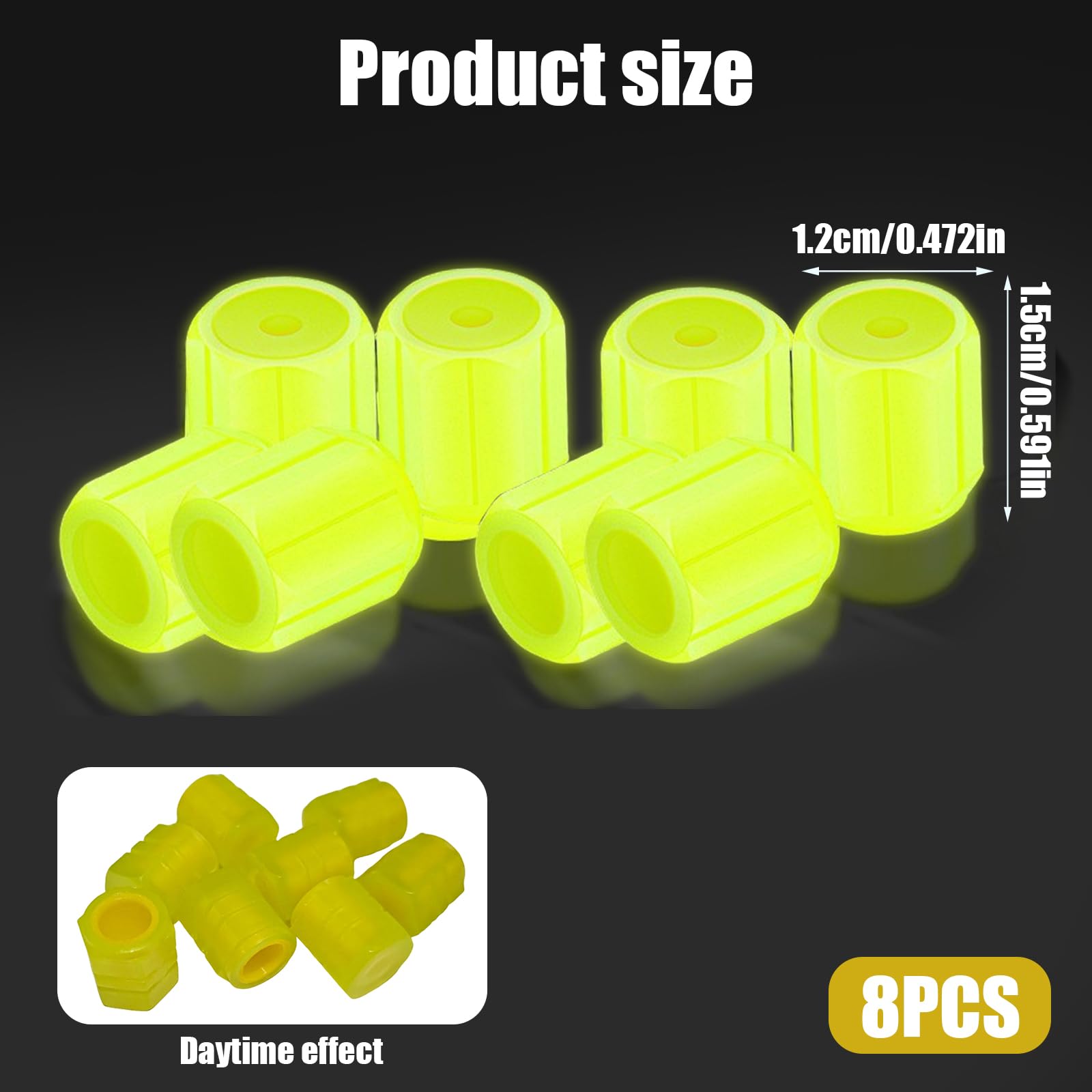 8PCS Dust Caps for Car Bike Tyres Universal Fluorescent Tire Valve Caps Glow in the Dark Car Bike Wheel Stem Covers, Durable Dust Caps Fit for Car, Children's Bicycles Safe at Night (Yellow) - 2