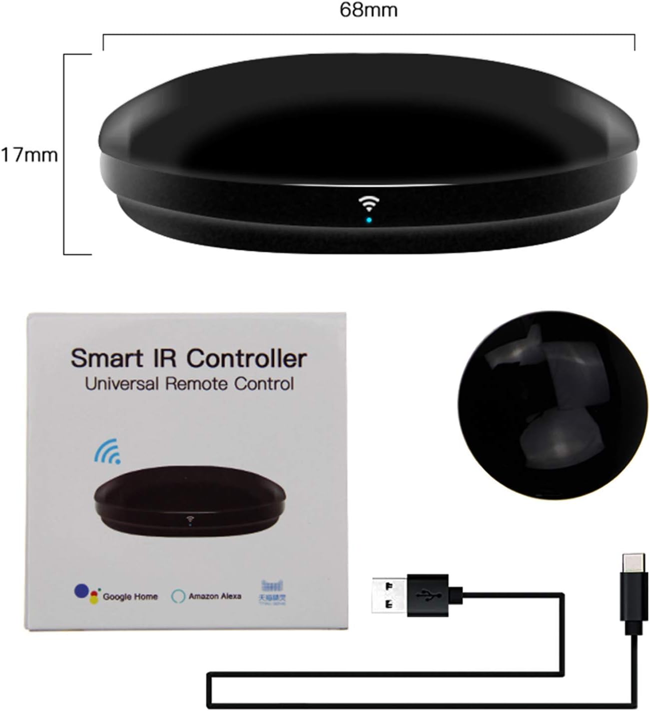 FRANKEVER Smart IR Remote Control unit with its dimensions, packaging, and USB cable.