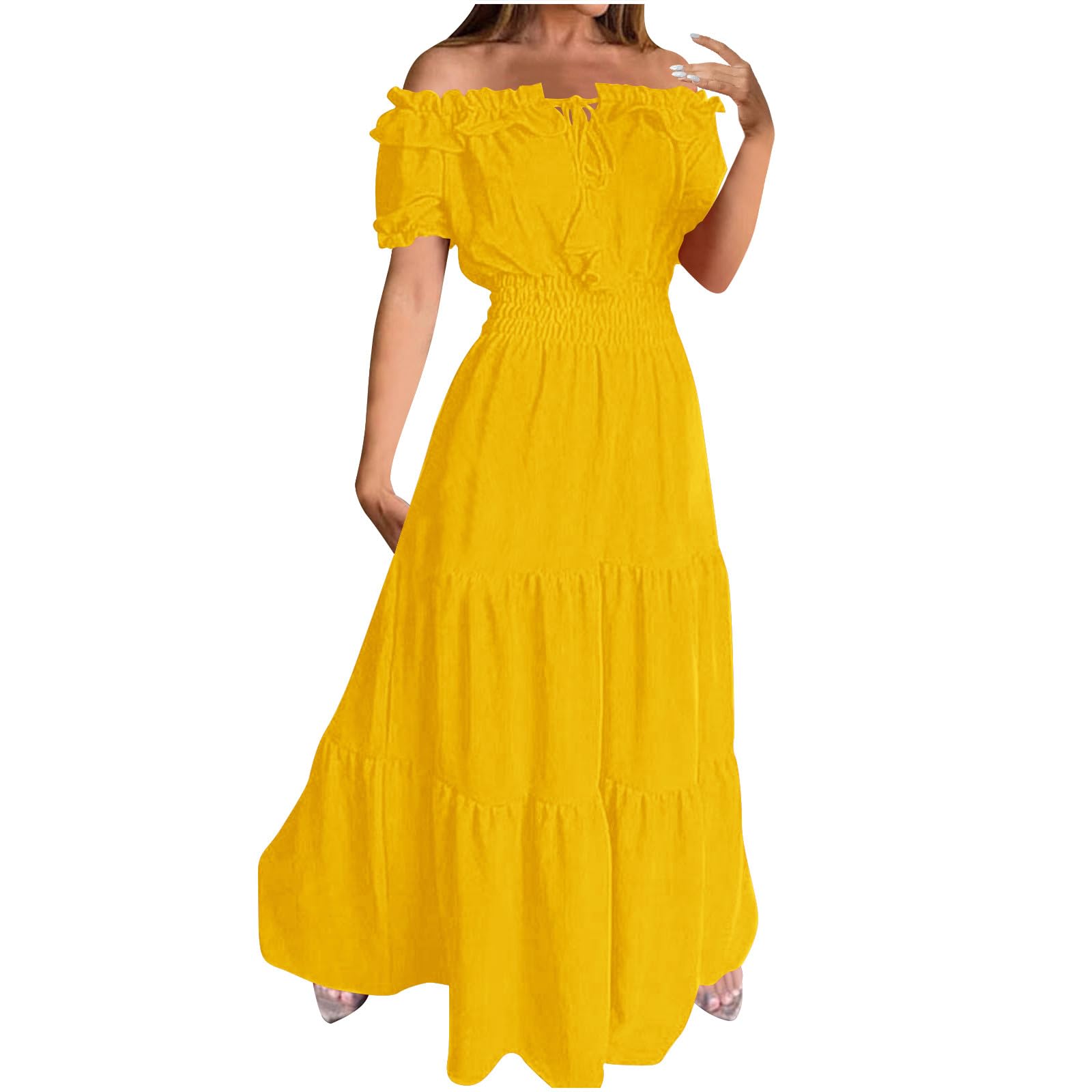 AMhomely Off Shoulder Summer Dresses for Women UK-Elegant Shirred Dress,Bubble Short Sleeve,Drawstring Tunic Maxi Dresses,Boho Casual Beach Dress,Holiday Long Sundress A-Line A Yellow M