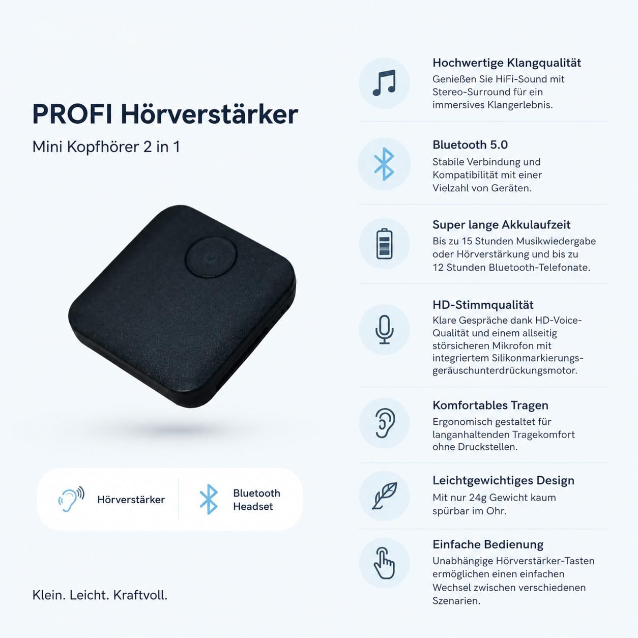 PROFI Hörverstärker mini Kopfhörer dezente Ohrhörer Geräuschverstärker Bluetooth Headset 2 in 1 Freisprechanlage auch für Senioren und menschen mit eingeschränktem Hörvermögen