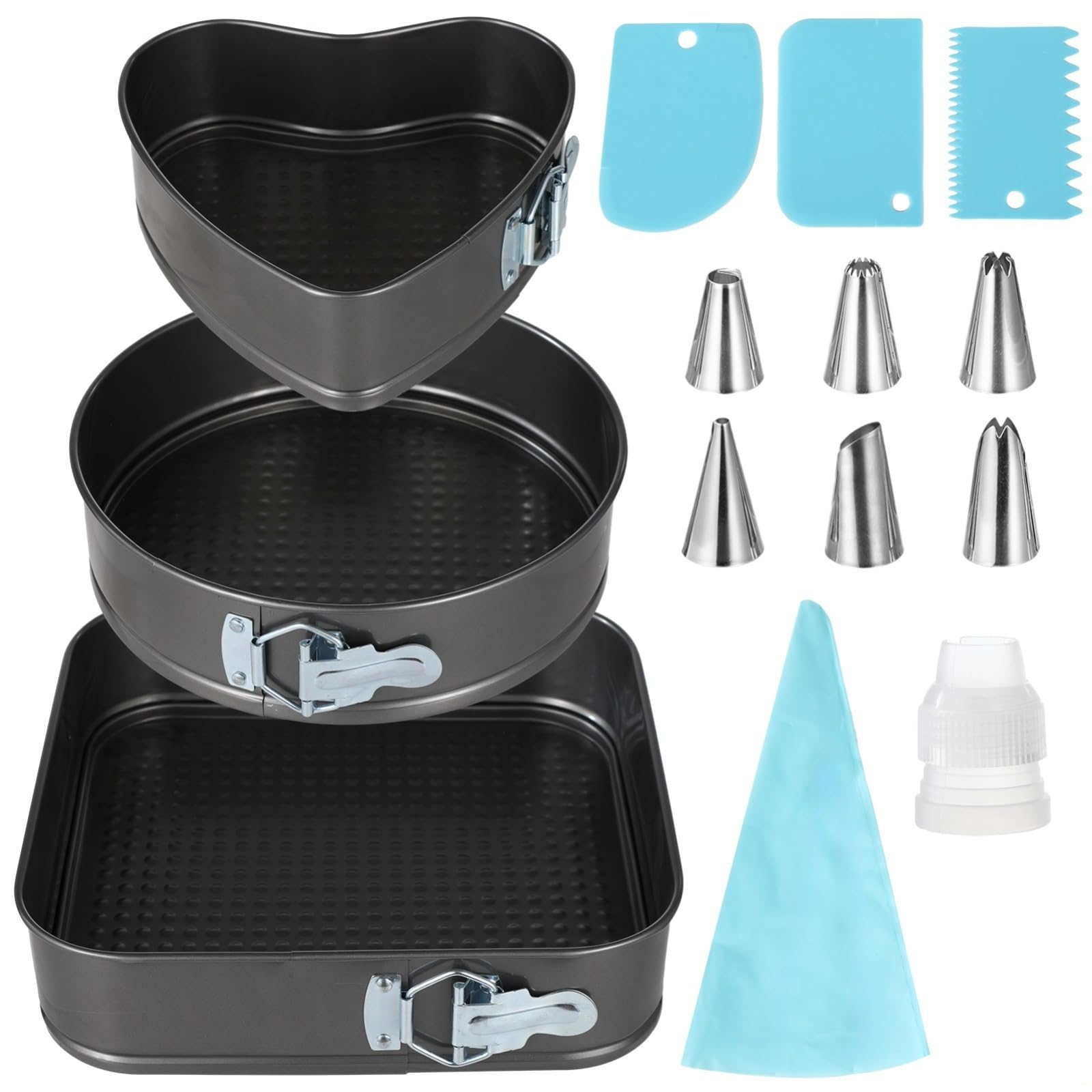 3-teiliges Auslaufsicheres Springform-Set mit Antihaftbeschichtung, Spritzbeutel, Tüllen und Schaber für Käsekuchen