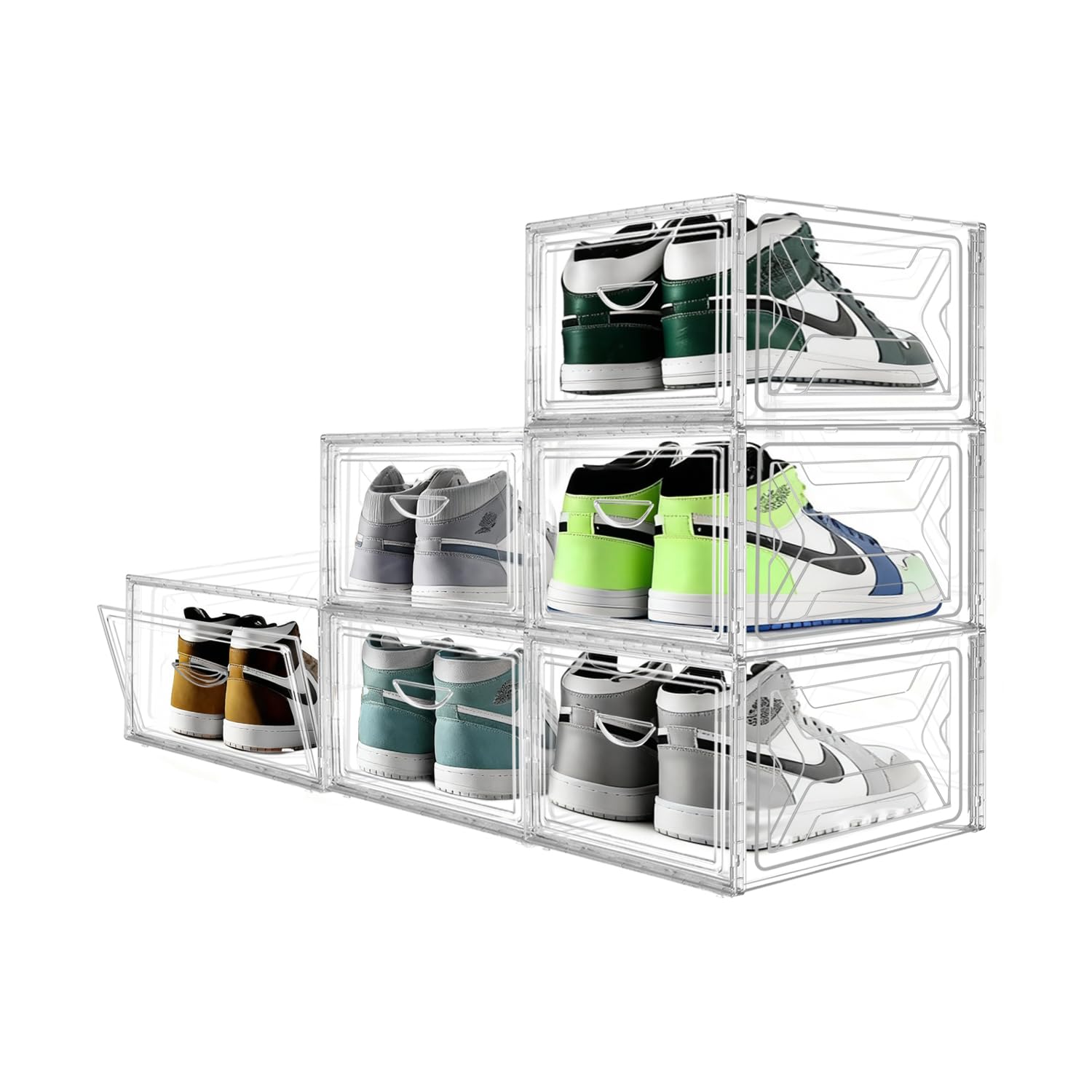 Organizer trasparente spesso e robusto, scatole impilabili per armadio, scarpiera pieghevole salvaspazio, 6 contenitori XL per scarpe con coperchio, per donne/uomini, 40 x 36 x 27 cm.