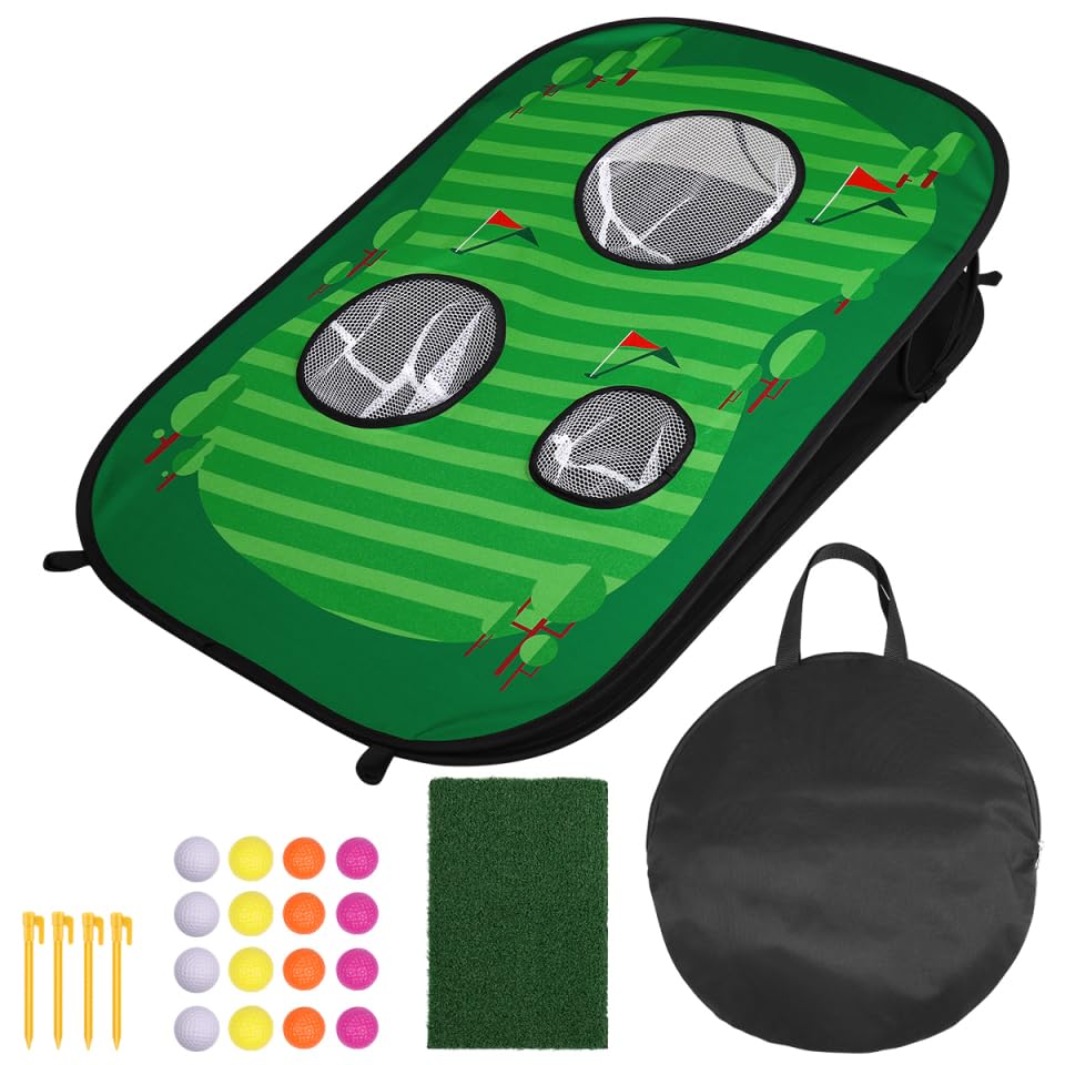 CLISPEED Golf Chipping Game Pop up Golf Chipping Game Set, Includes 16 Training Balls, 1 Hitting Mat and 4 Stakes for Adults Kids Summer Backyard Lawn Outdoor Activities