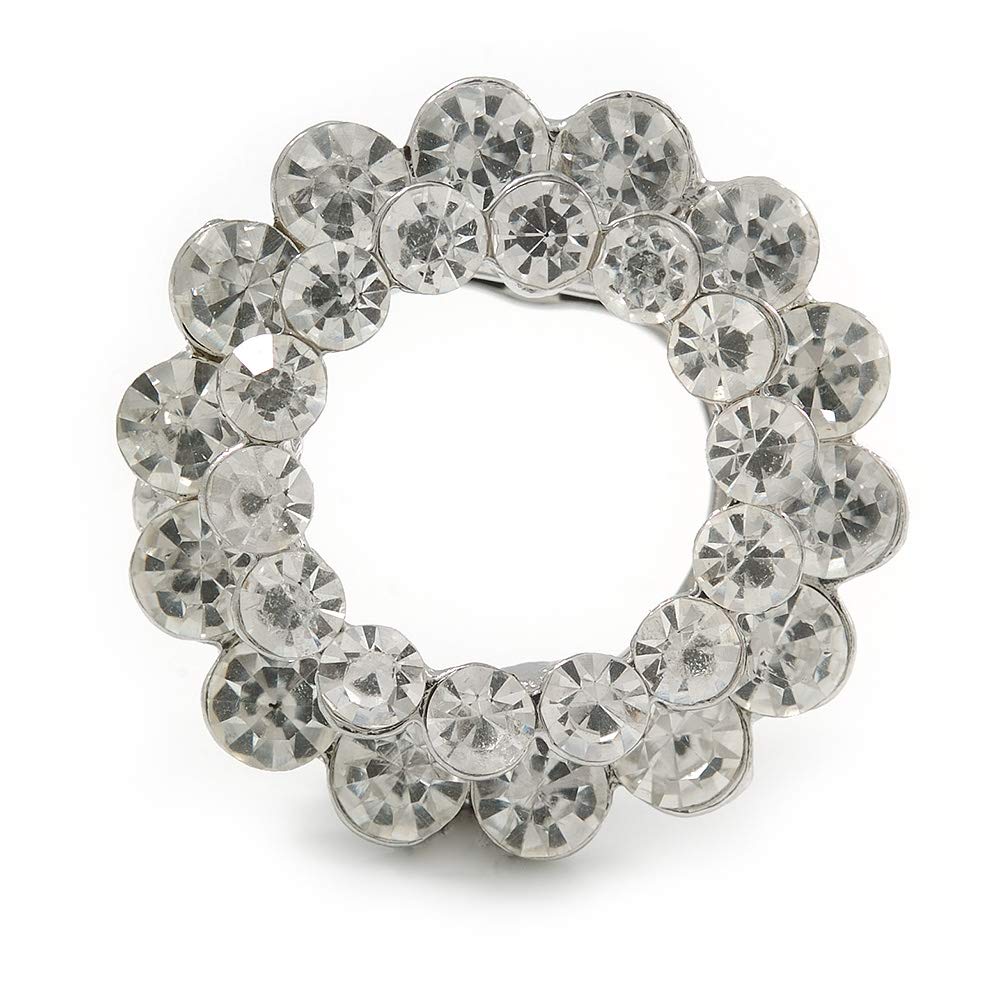 AvalayaClear Crystal Round Scarf Brooch in Silver Tone Metal - 40mm D