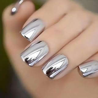 Silver Chrome Press On Nails Short Square, Silver Mirror Chrome Glossy Fake Nails, Acrylic Full Cover False Nails For Women Girls Stick Glue On Nails 1 Nail File And 1Sheet Adhesive Tabs Included