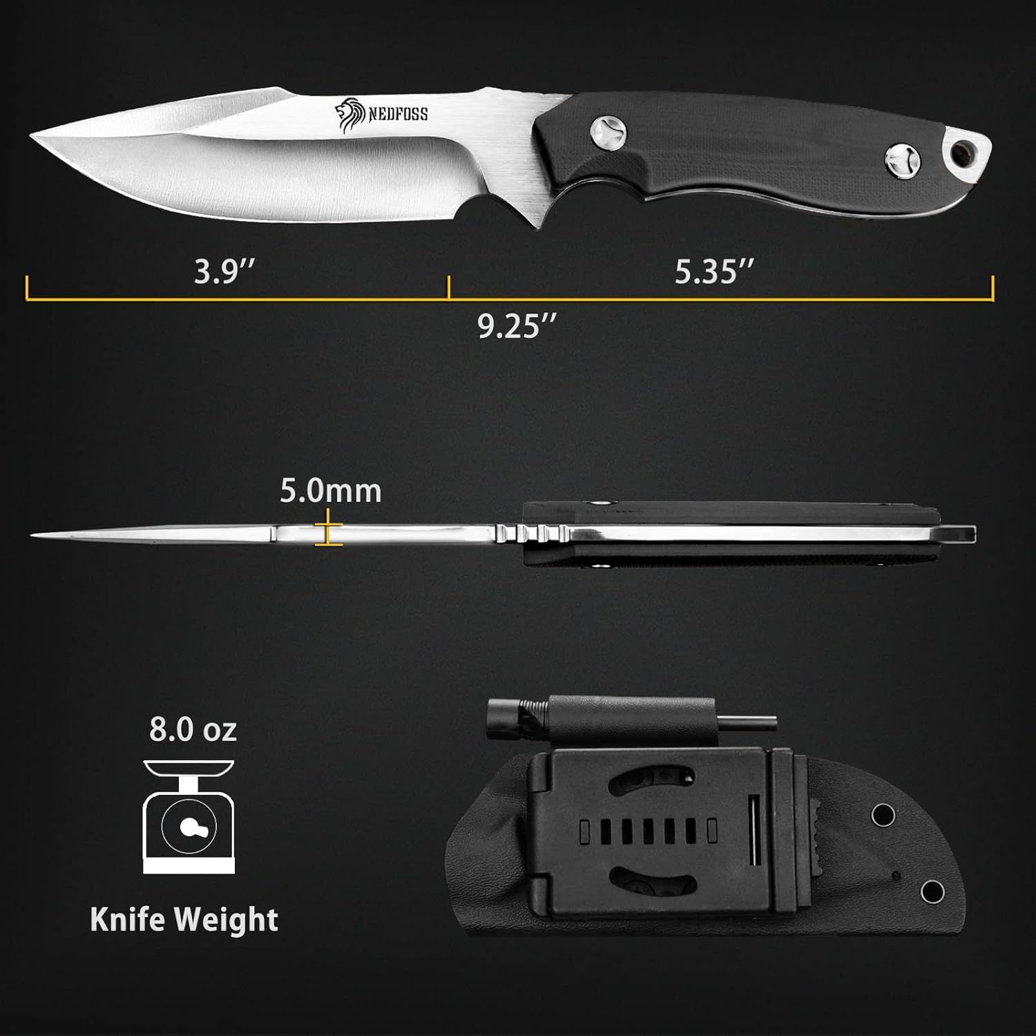 NedFoss Survival Knife with Fire Starter and Kydex Sheath, 9.25" Full Tang Fixed Blade Camping Knife with Sheath Horizontal & Vertical, Bushcraft Knife with G10 Handle for Outdoor, Hunting, Fishing : Everything Else