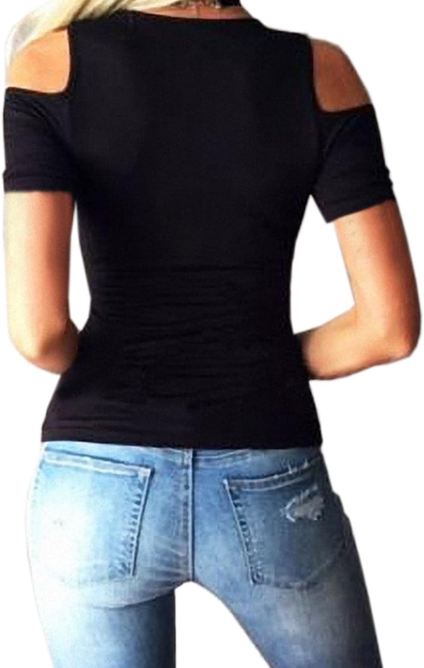 SEMATOMALA Women's Cold Shoulder Sexy Lace Up V Neck Short Sleeve Tee Shirts Tops Clubwear Plus Size - Image 2