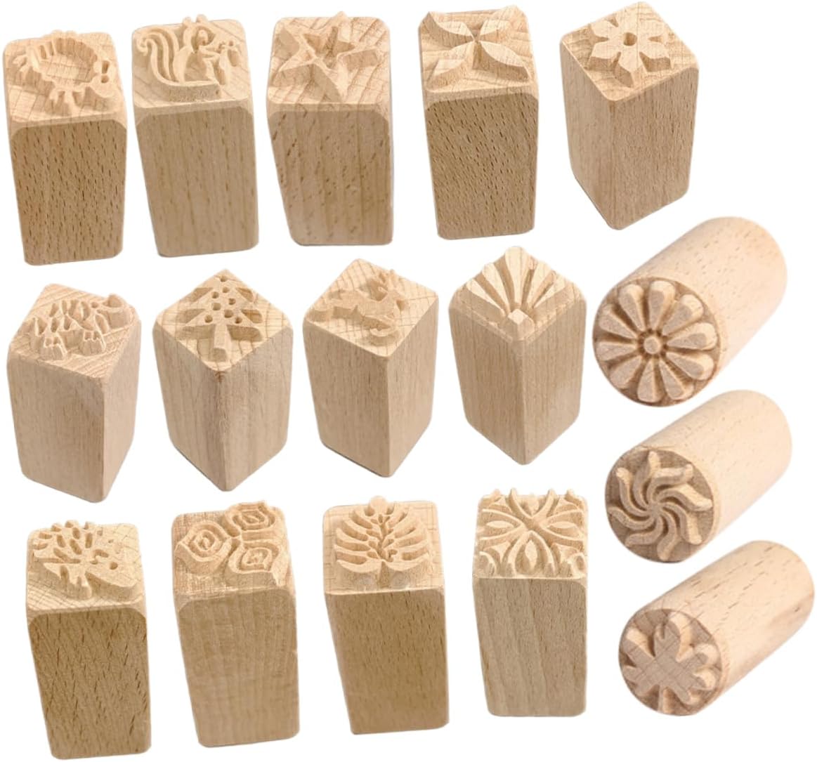TEHAUX 16pcs Wood Cake Stamps Moon Cake Cookie Pastry Sushi Stamps for Baking Craft Natural Wood Material Elegant Carvings Versatile Kitchen Tool