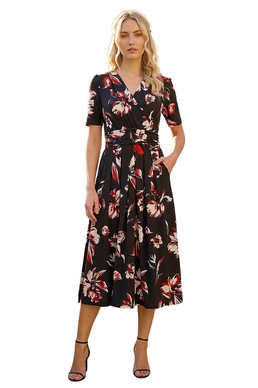 Roman Originals Women's Floral Rogue Noir Roman Fit And Flare Dress For Chest Twist Knot Ruched Tea Skater Empire Waist Wedding Guest Smart Casual Swing Midi 3/4 Long Sleeve Knee Length - Size 10