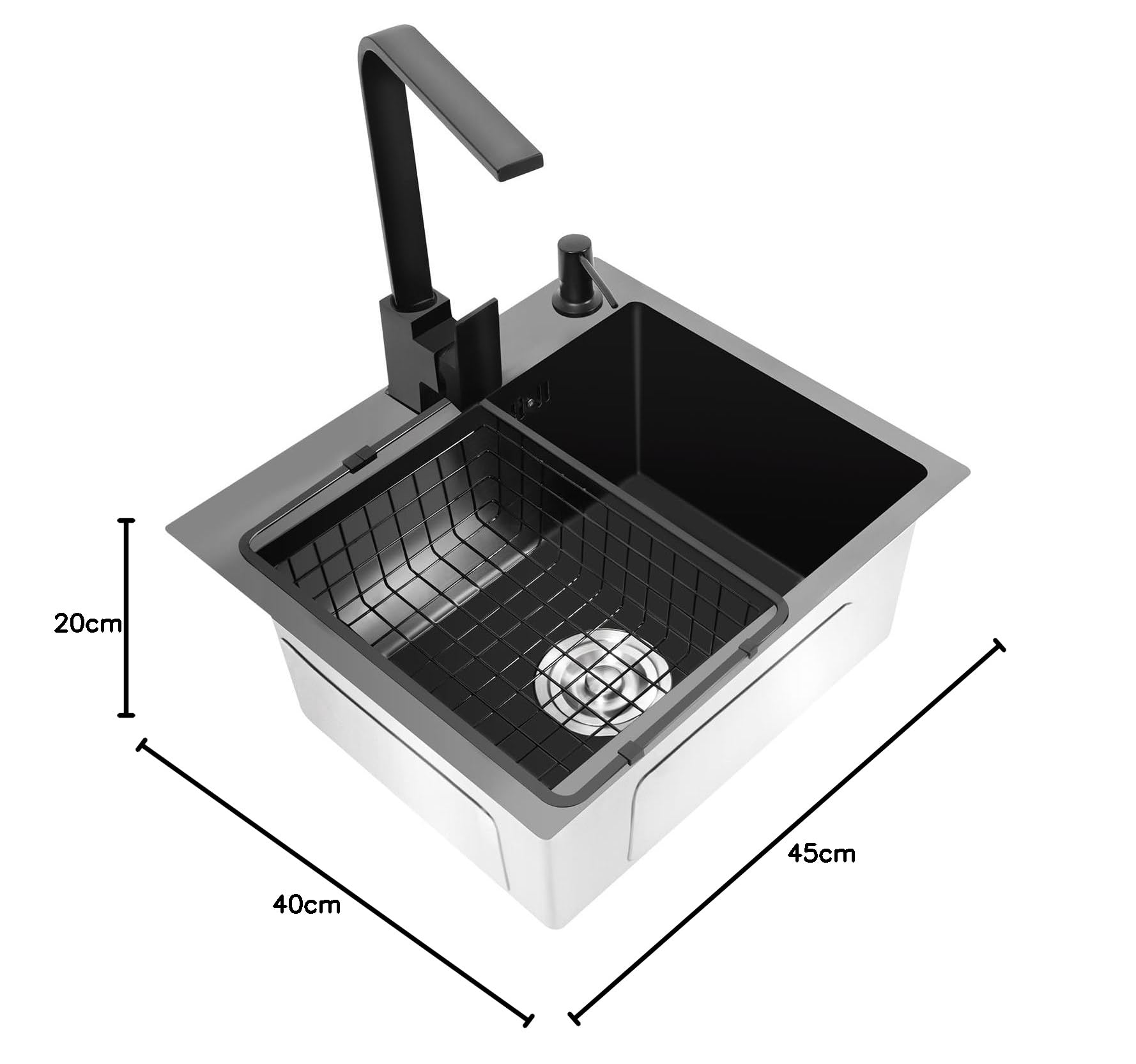 Lavello in acciaio inox, 40 x 45 cm, nero con lavandino e rubinetto, 1 lavello a incasso per 45 cm, con filtro e sgocciolatoio
