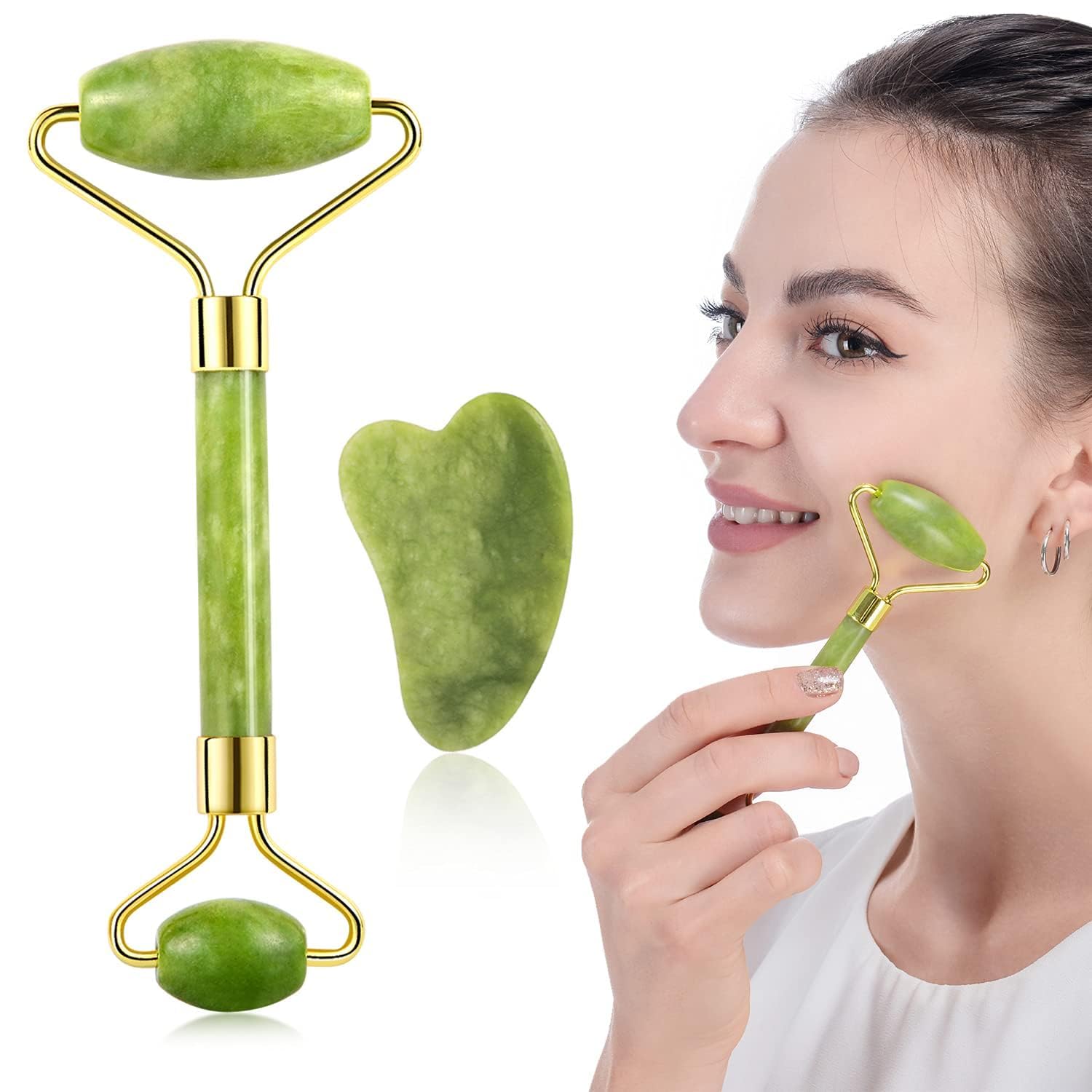 Jade Roller and Gua Sha Set for Beautiful Skin Detox - Facial Body Eyes Neck Massager Tool Reduce Wrinkles Aging - Original Natural Jade Stone, Pack of 1