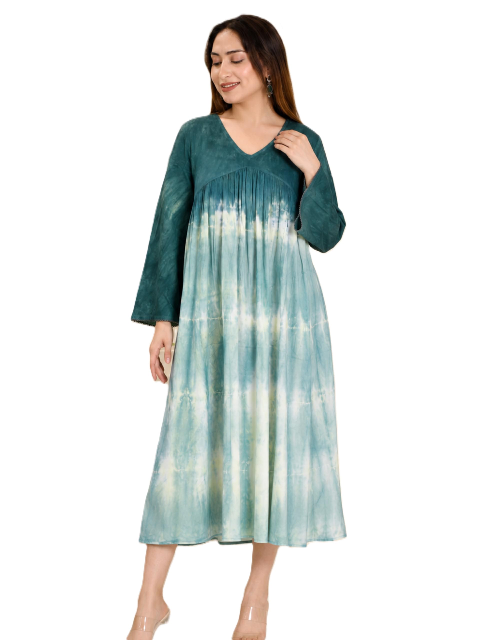 maaesa Women Handcrafted Tie & Dye Rayon V-Neck A-Line Dress | Casual Wear | Lightweight & Breathable Fabric-picture-29