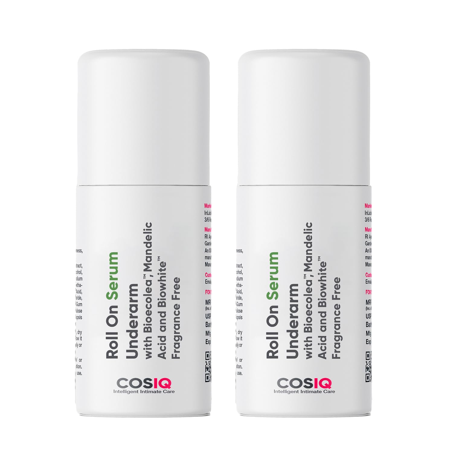 Cos-IQ Brightening Underarm Roll On Serum (Pack of 2 X 40ml) | With Bioecolea, Mandelic Acid and Bio White | Fragrance Free | Brightens Skin & Exfoliates Underarms | For Sensitive Skin | 60 Days Pack