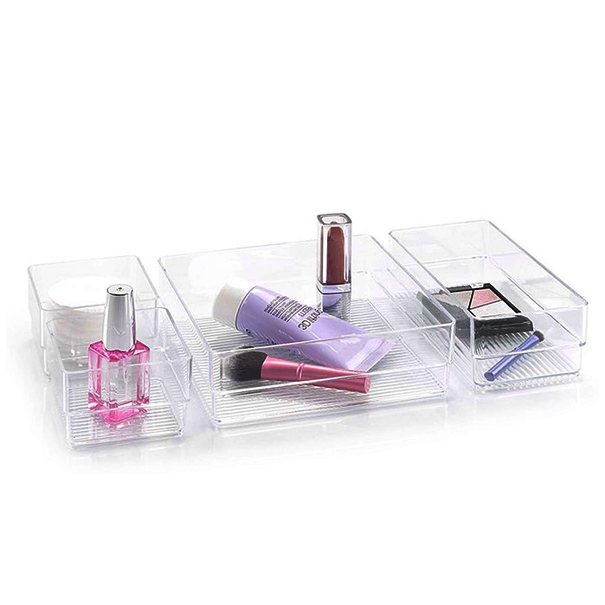 Plastific Clear Acrylic Makeup Organizer Set Of 4 | Cosmetic Storage Box For Lipsticks, Brushes, Vanity, Dresser & Bathroom