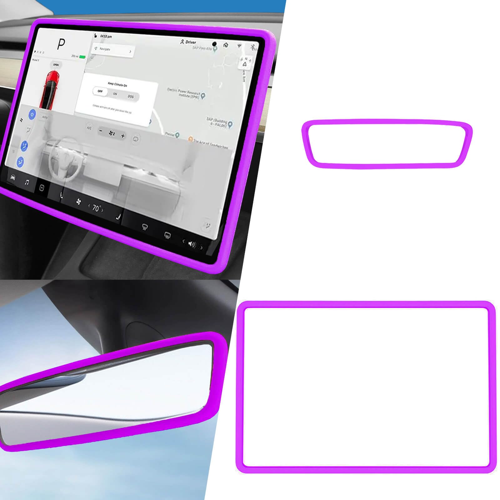 Yeapop 2Pcs Silicone Protector Frames of Screen and Rear View Mirror for Tesla Model 3 2017-2023 and Model Y 2019-Feb.2025. (Purple)