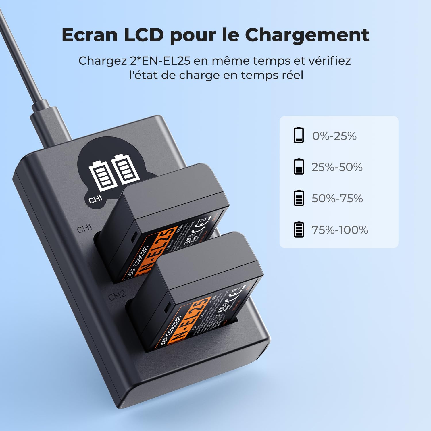 K&F CONCEPT EN-EL25 Batterie 1600 mAh 2 Batteries EN-EL25A et Chargeur de Batterie Double LCD Compatible avec Z50II, Z50, Z30, Z FC Chargeur de Batterie MH-32
