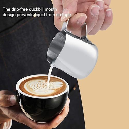 Miniatura 7 de Jarra de espuma de leche de acero inoxidable, jarra de vapor para café, capuchino, latte, taza de espuma para arte, perfecta para máquinas (6.8 fl