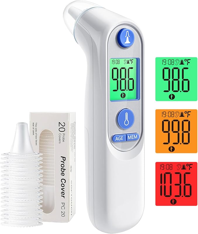 Digital Ear Thermometer for Kids & Adults, Accurate & Fast Results | With 21 Disposable Probe Covers, 1s Fast Reading, 3-color backlight screen, 30 Memory Recall, ℃/℉ Switchable, Silent Mode