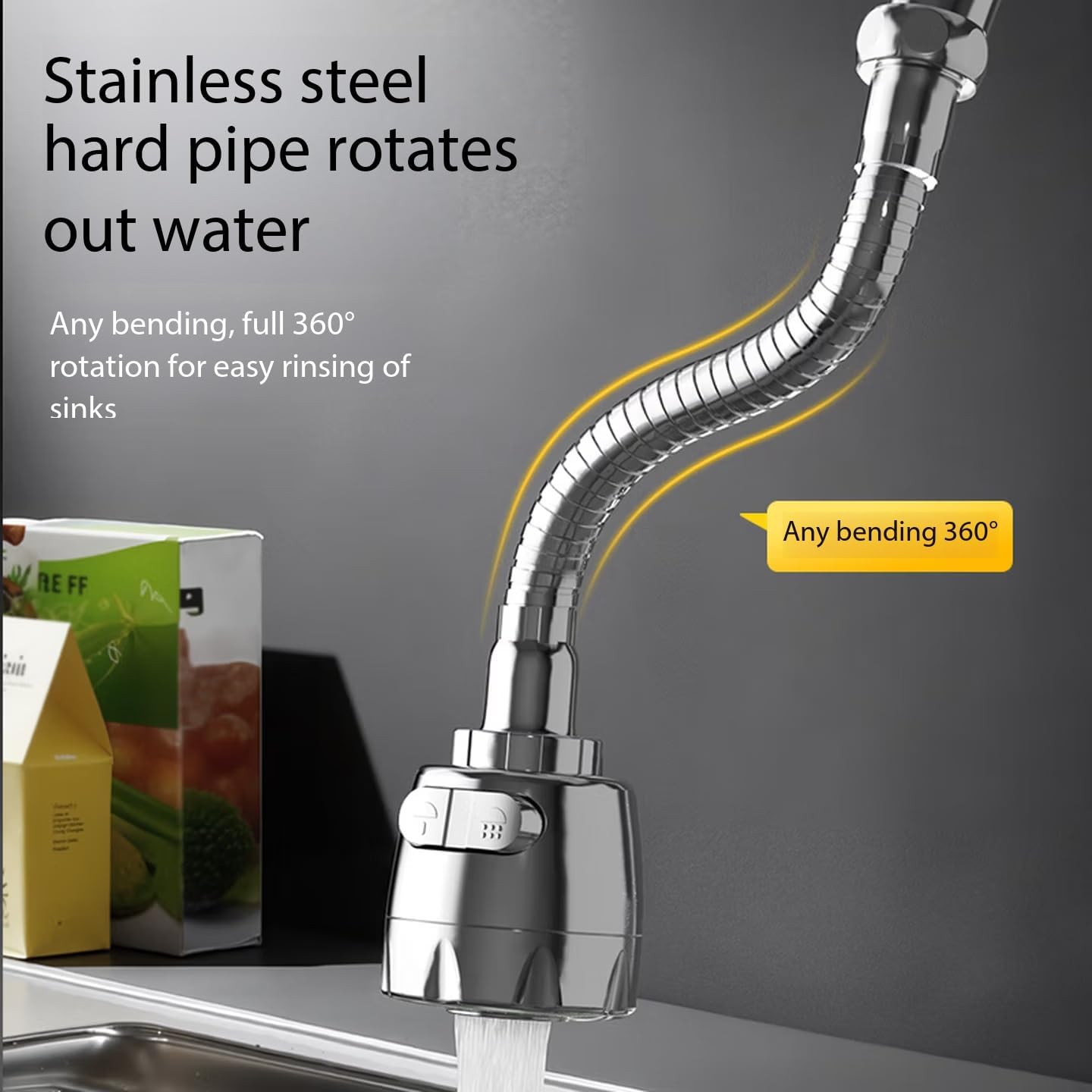 360° Rotating Kitchen Faucet Extender with Flexible Hose, Stainless Steel Splash Guard Adapter, Two-Speed Shower and Bubble Mode, Universal Sink Sprayer Attachment, 6.7 inches