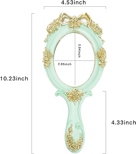 Miniatura 2 de Nerien Espejo de mano, espejo de maquillaje, espejo de viaje de princesa, espejo cosmético de metal, portátil, ovalado, en relieve, espejos