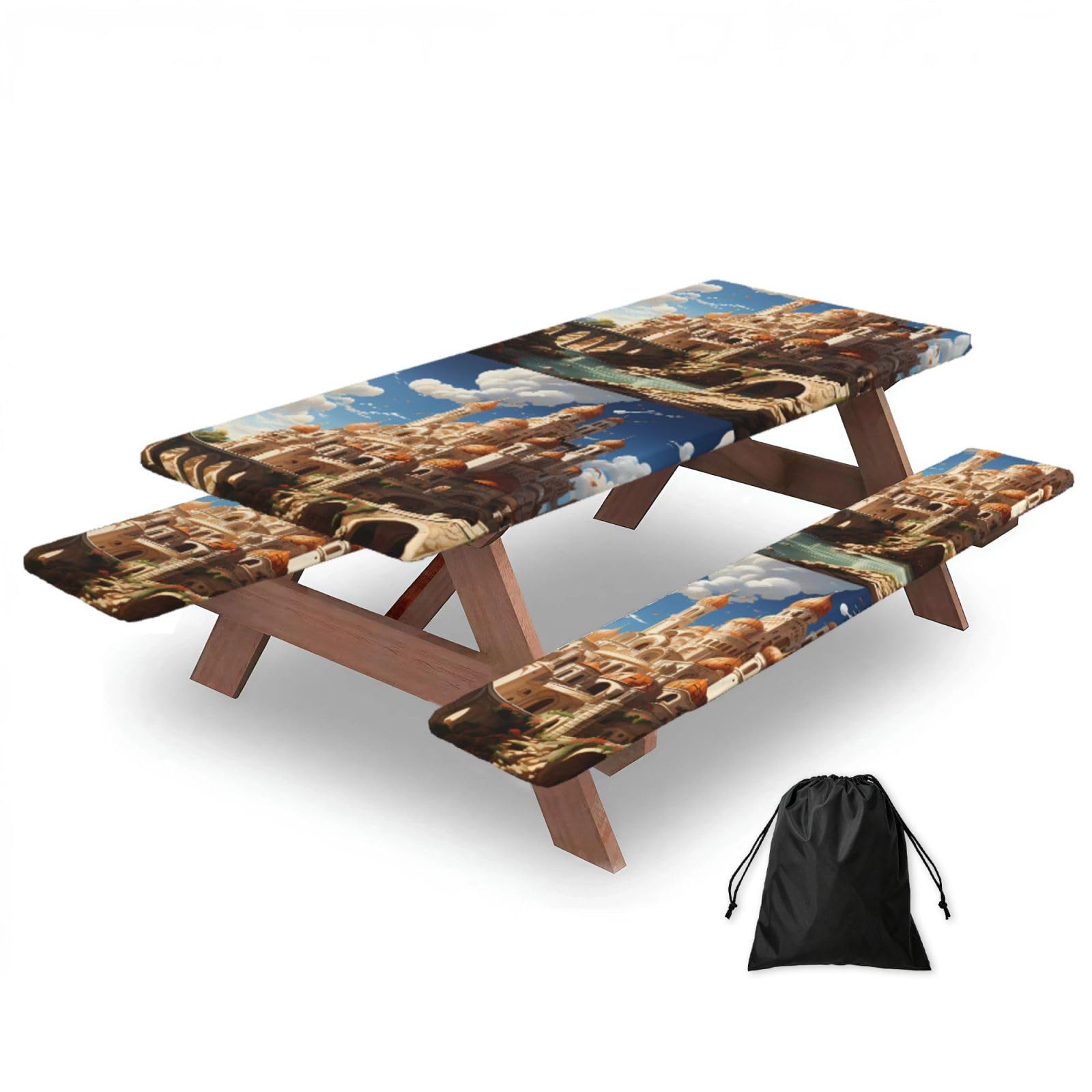 Erwqavc Black Anime Castle Sky Print Picnic Table Cover & Bench Covers 3-Pack Set, Elastic Tablecloths For 6 Ft Rectangle Tables